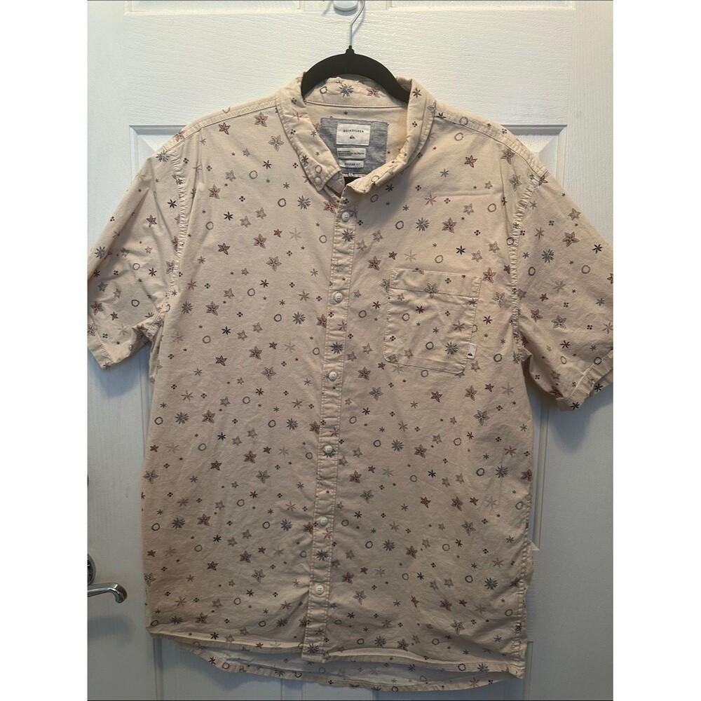 Quiksilver Cream Short-Sleeve Button-Down Shirt with Star Print 98% Cotton XL